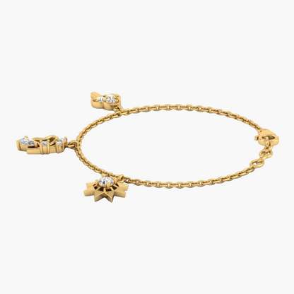 Gold bracelet with floral charms on a white background, branded 'Green Lab'.