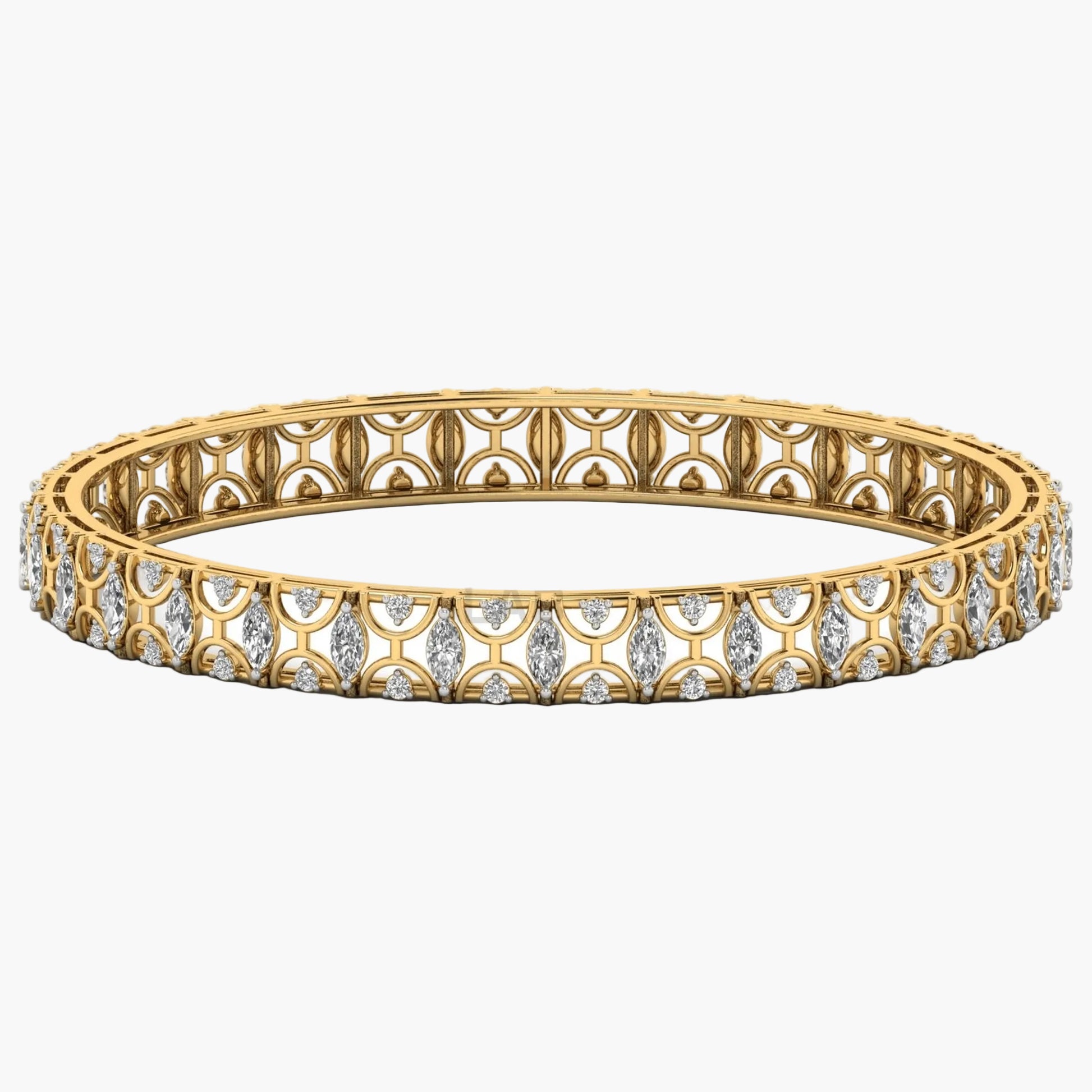 Gold bracelet with diamond accents on a white background
