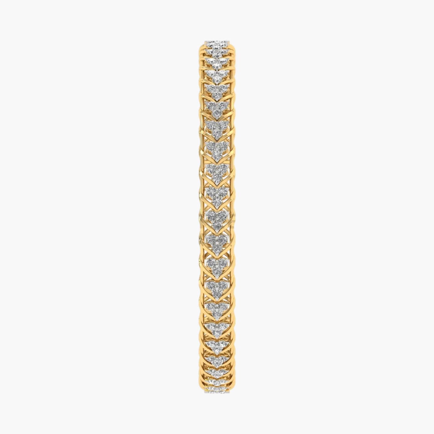 Gold bracelet with heart-shaped diamond stones on a white background