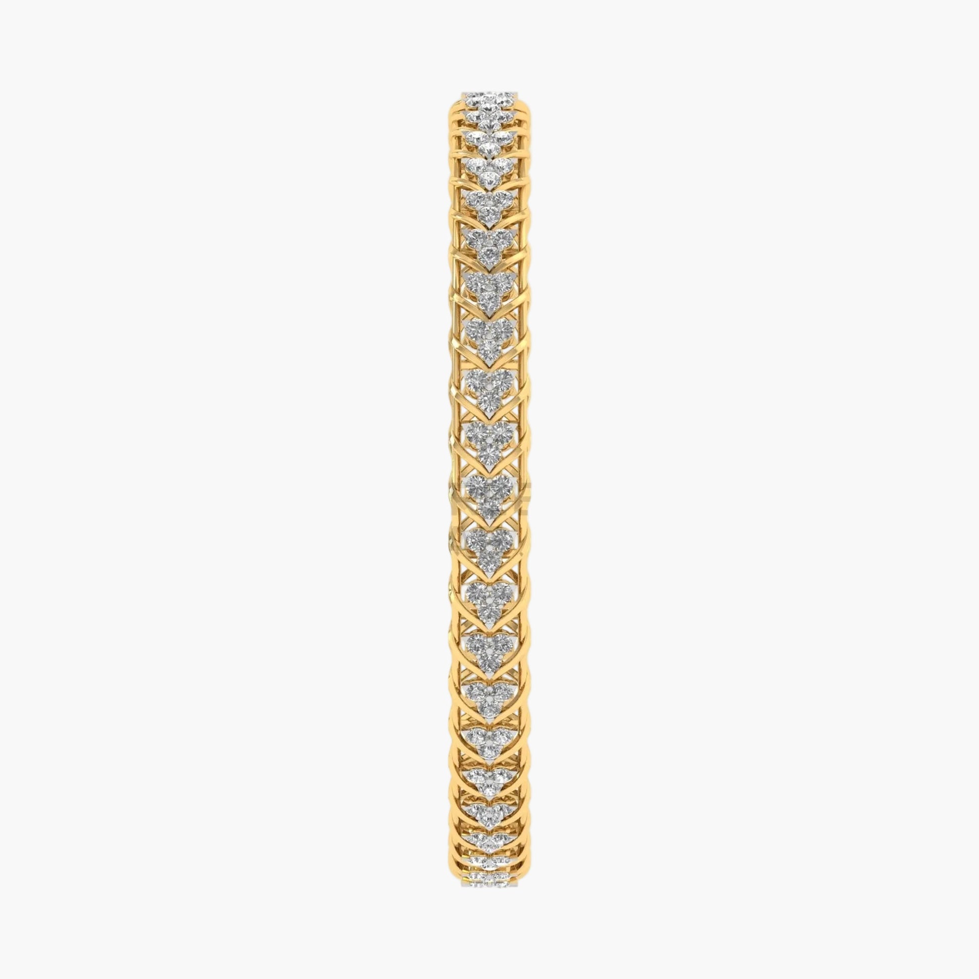 Gold bracelet with heart-shaped diamond stones on a white background