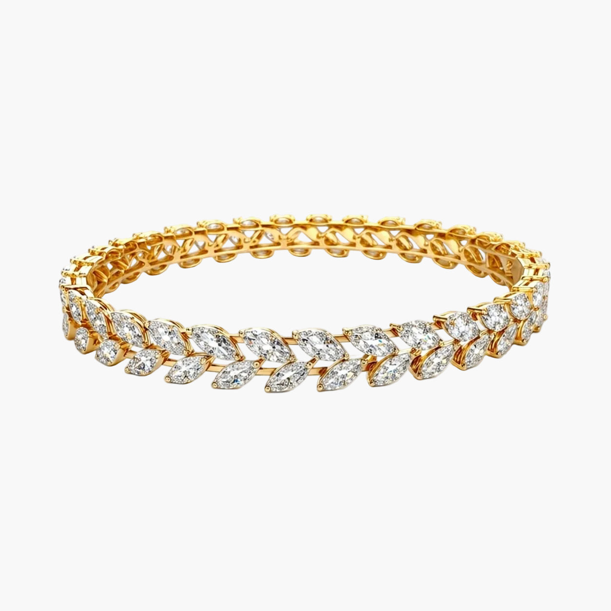 Gold bracelet with clear gemstones on a white background