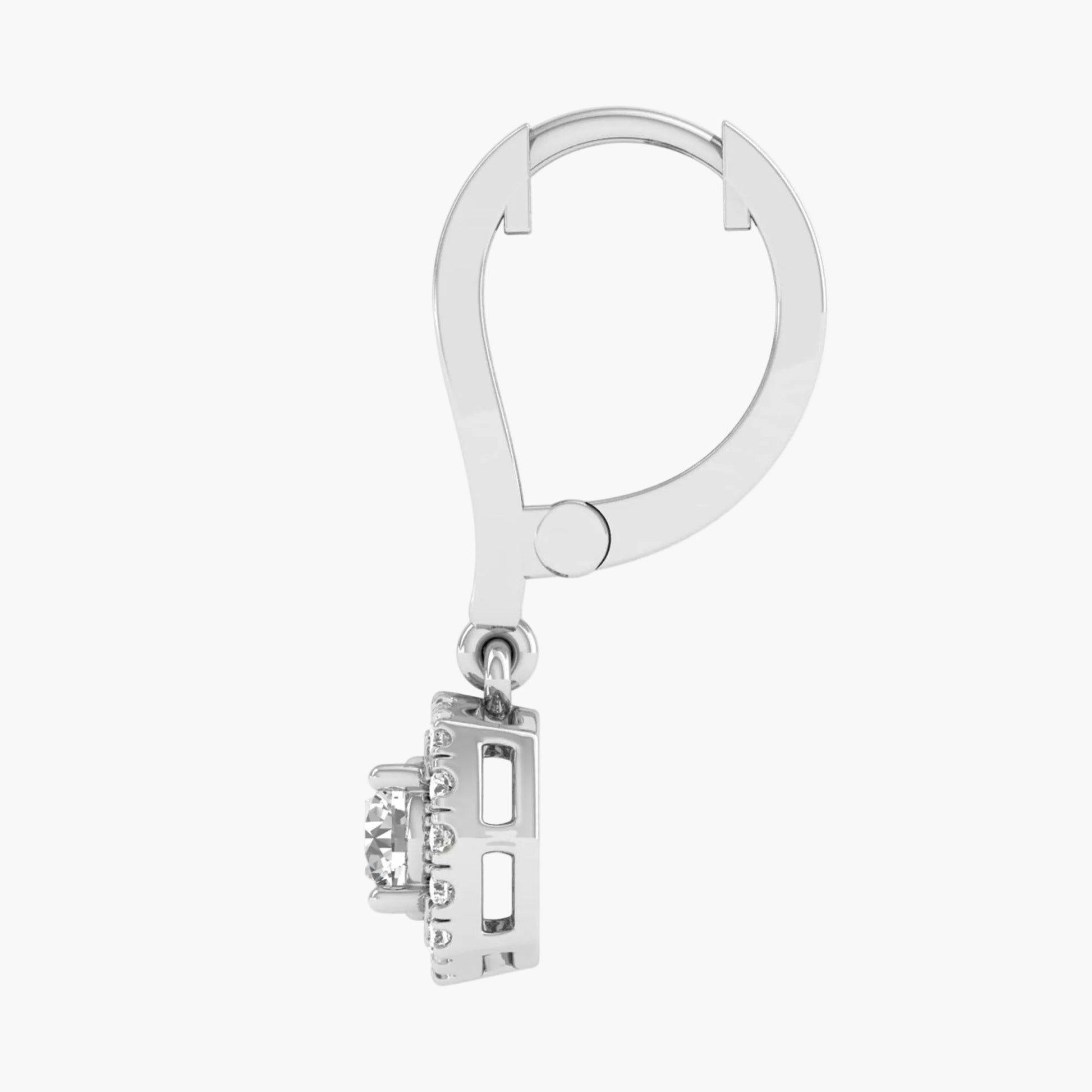 Silver earring with a small pendant on a white background
