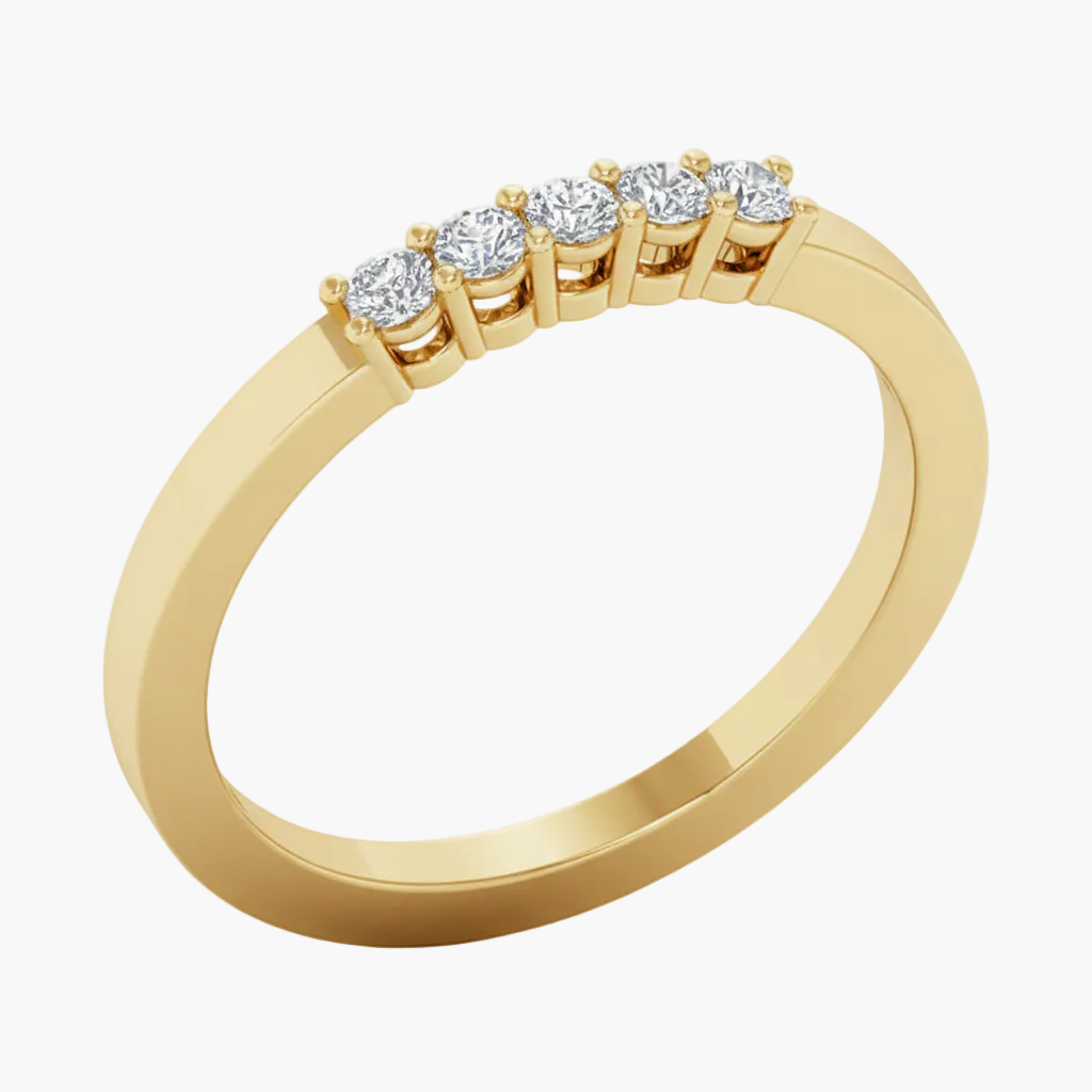 Gold ring with five diamonds on a white background