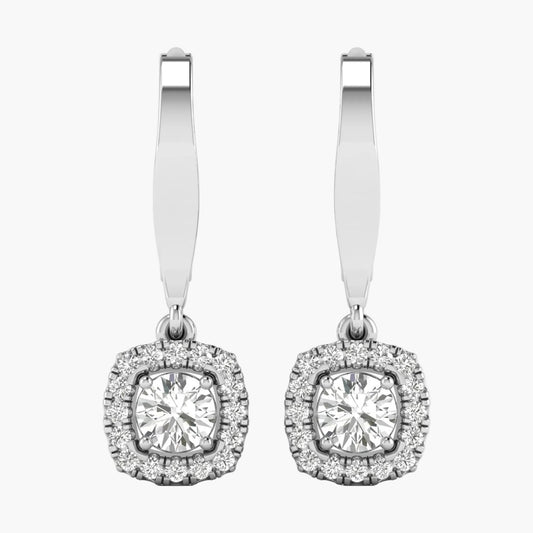 Pair of silver hoop earrings with clear gemstones on a white background