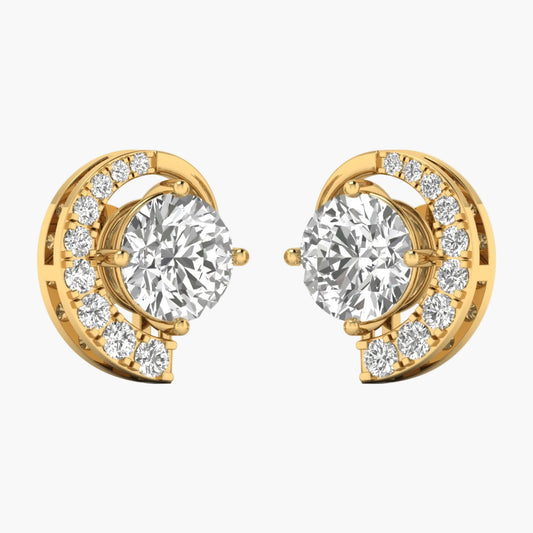 Gold earrings with clear gemstones on a white background