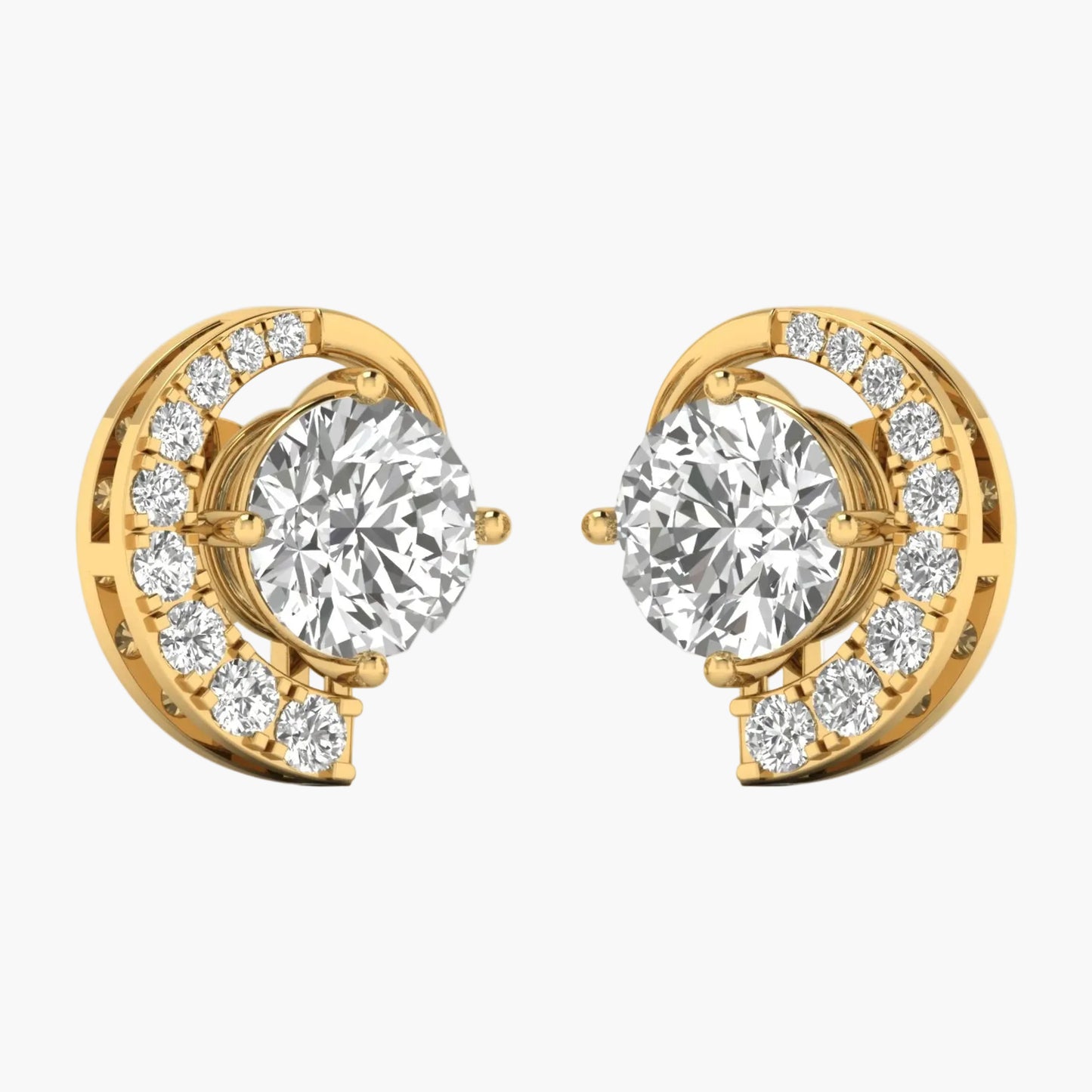 Gold earrings with clear gemstones on a white background