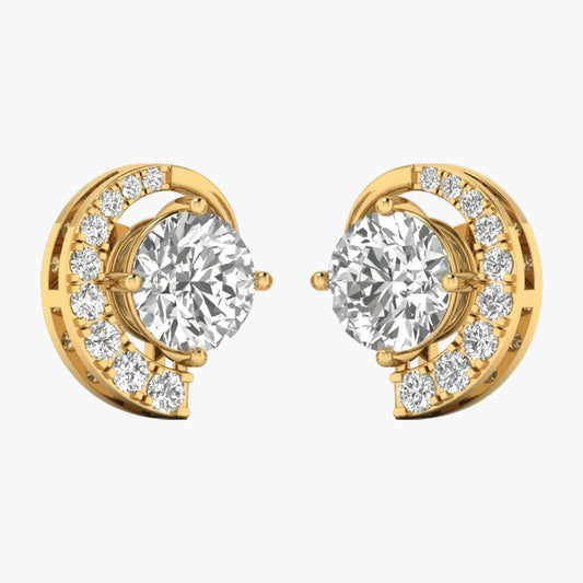 Gold earrings with clear gemstones on a white background