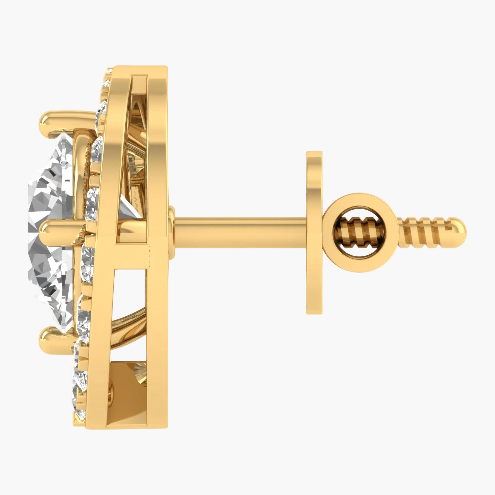 Gold earring with clear gemstone on a white background