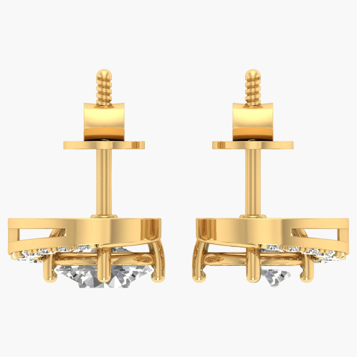 Gold earrings with diamond-like stones on a white background
