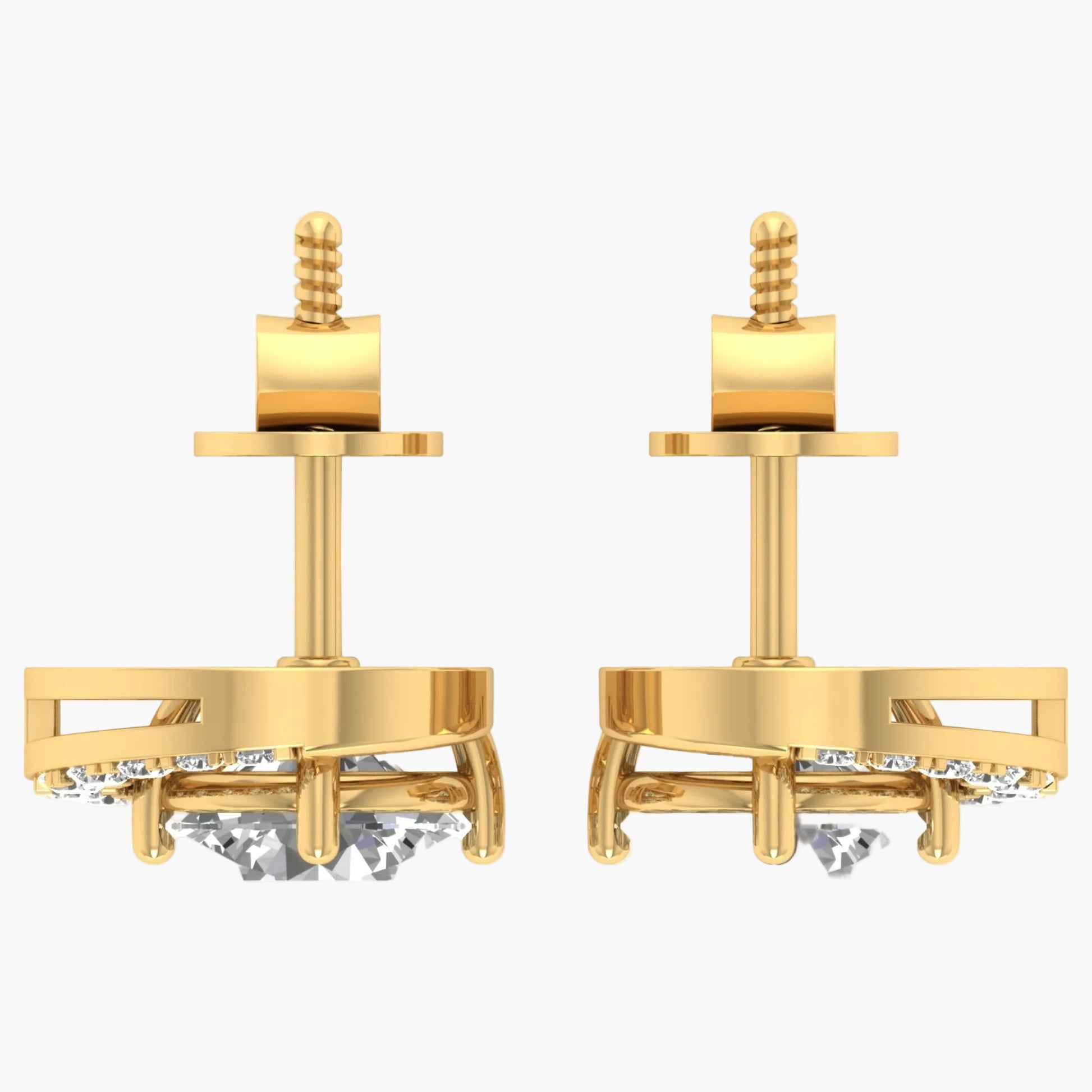 Gold earrings with diamond-like stones on a white background