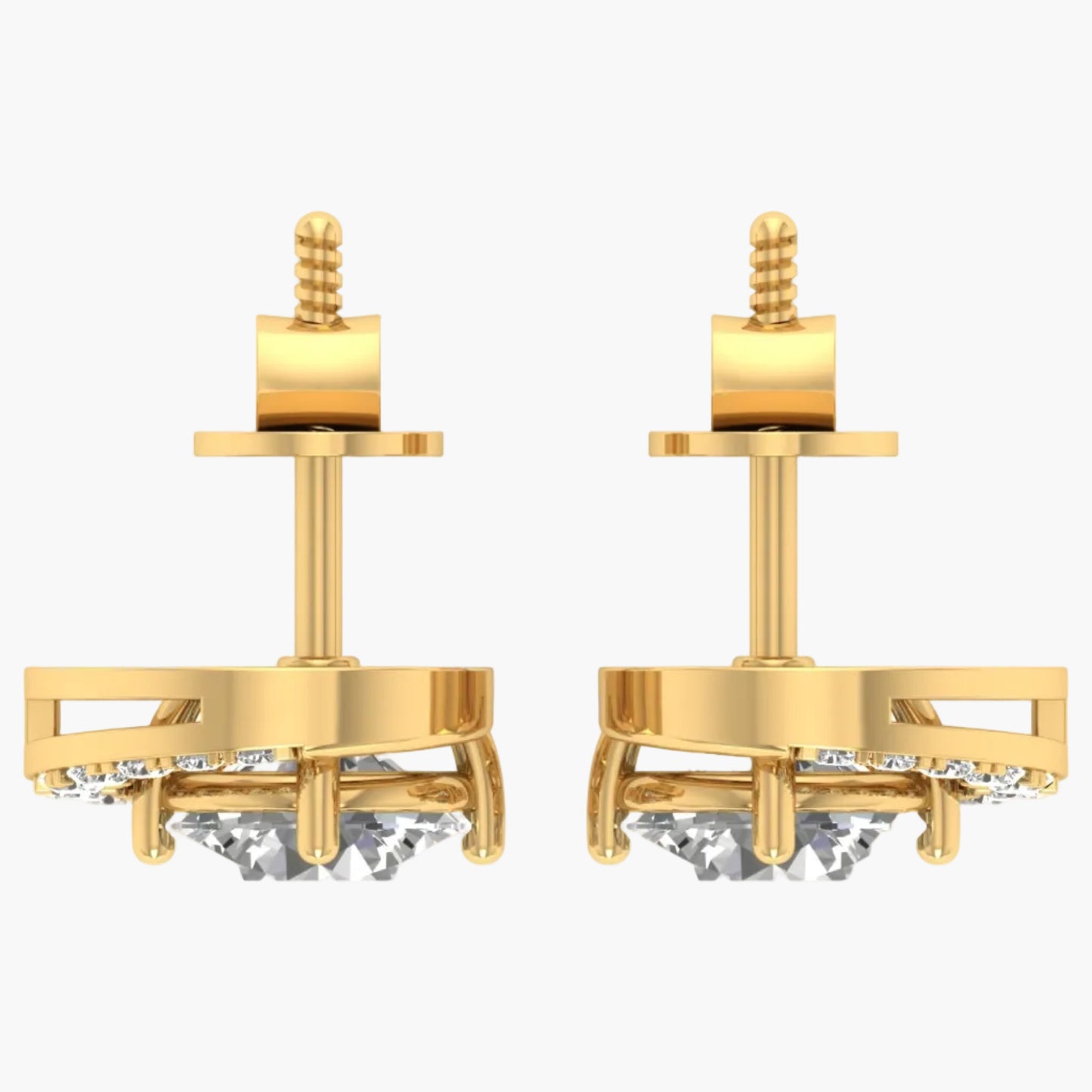 Gold earrings with diamond-like stones on a white background