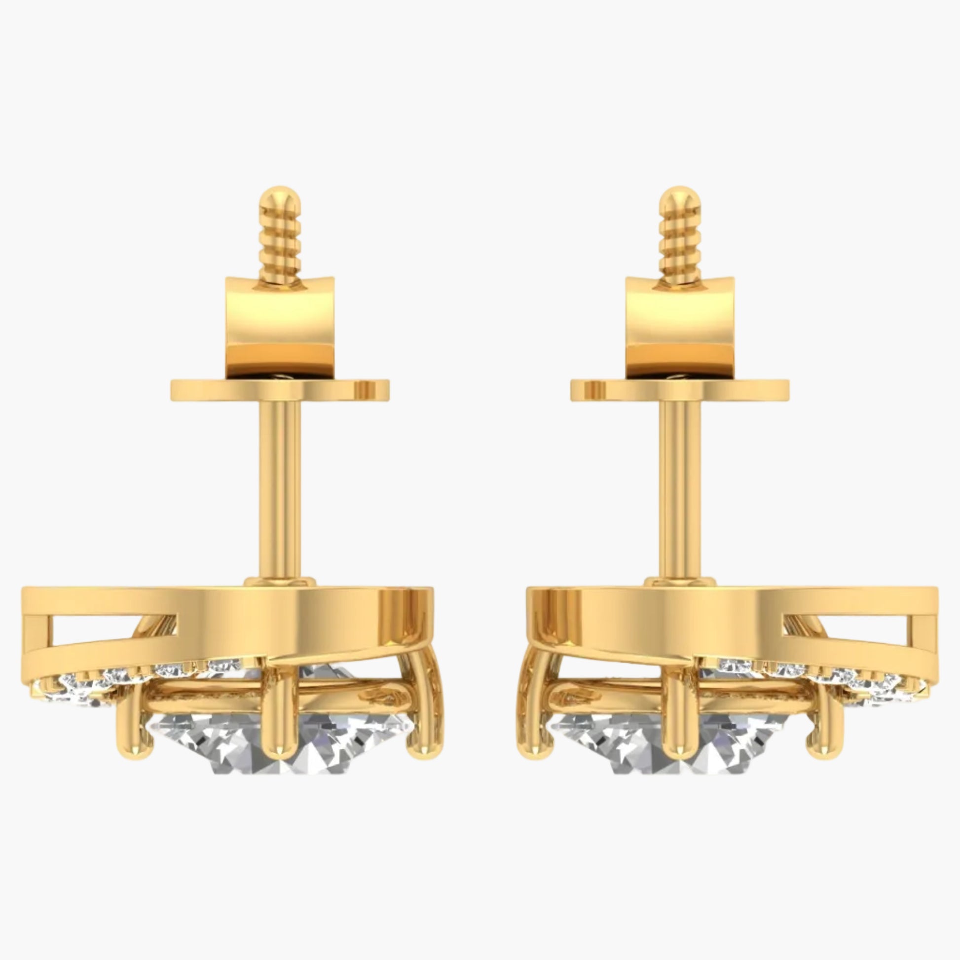 Gold earrings with diamond-like stones on a white background