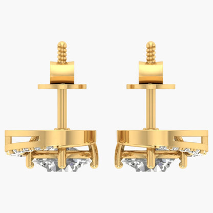 Gold earrings with diamond-like stones on a white background