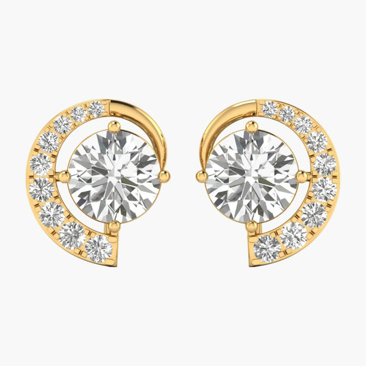 Gold earrings with round gemstones on a white background