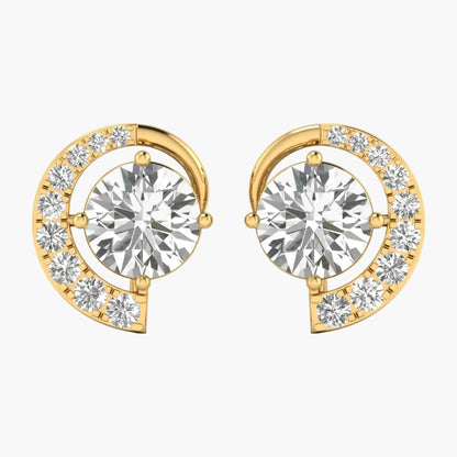 Gold earrings with round gemstones on a white background
