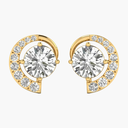 Gold earrings with round gemstones on a white background
