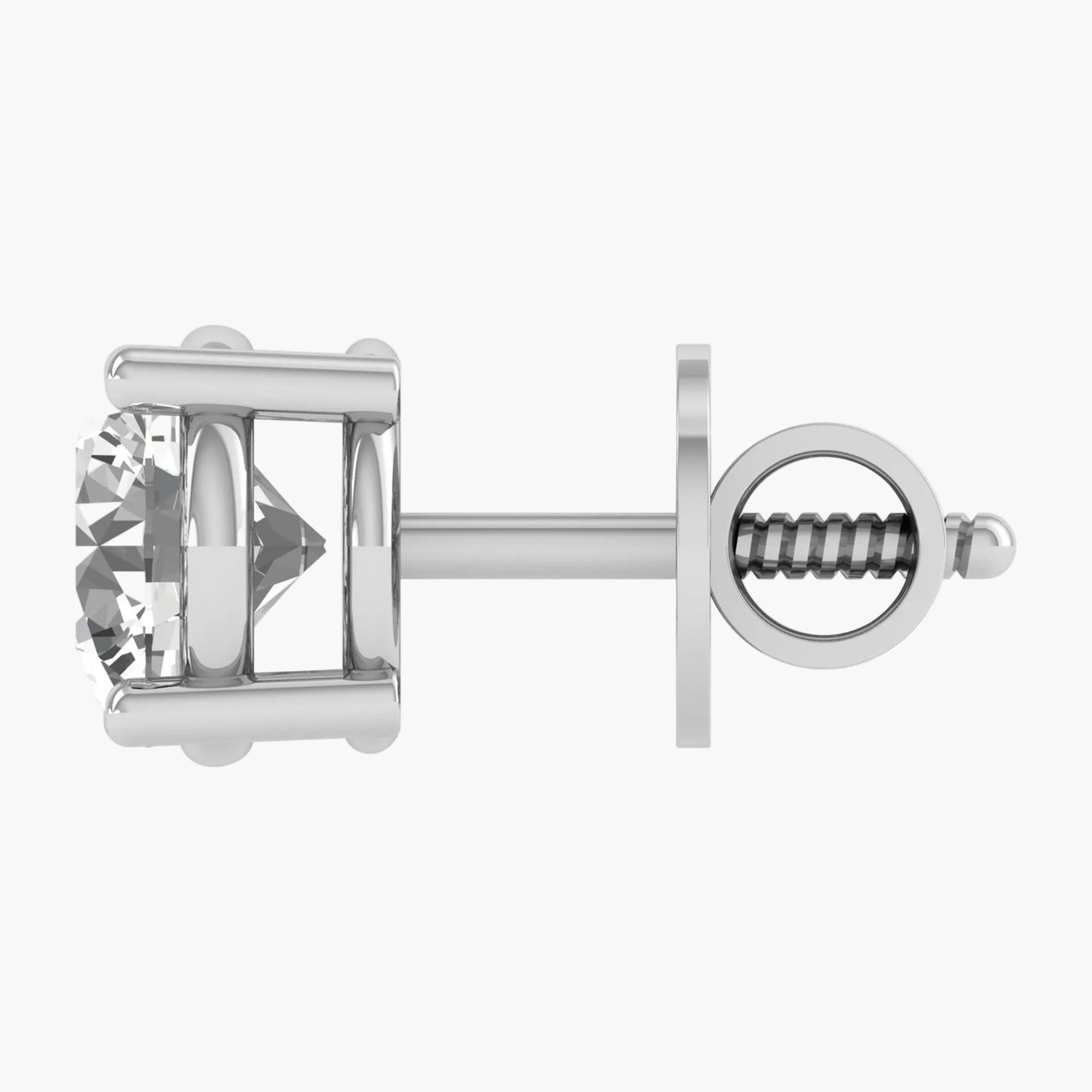 Silver earring with a clear gemstone on a white background