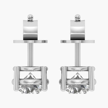 Pair of silver stud earrings with a clear gemstone on a white background