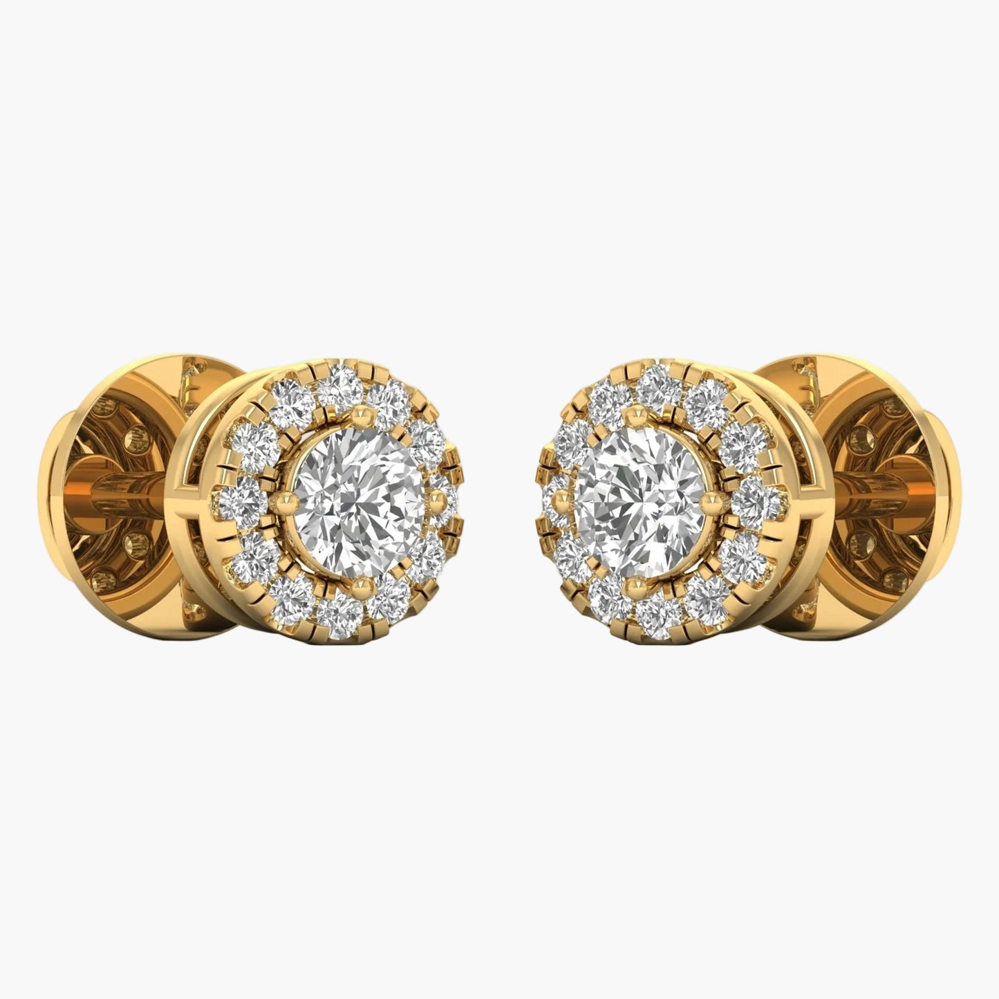 Gold earrings with diamond-like stones on a white background