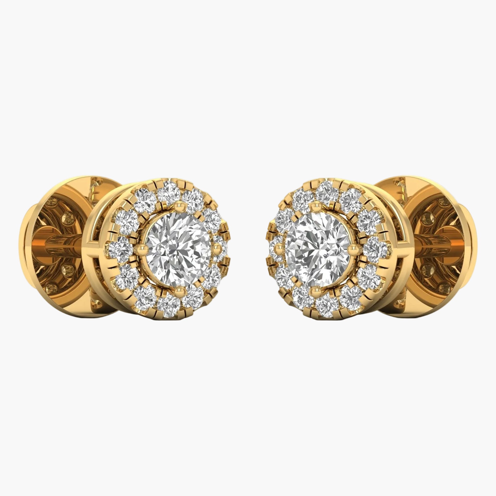 Gold earrings with diamond-like stones on a white background