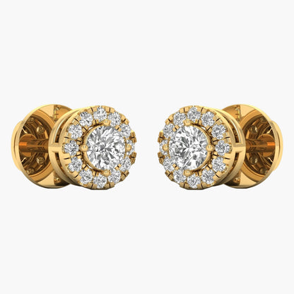 Gold earrings with diamond-like stones on a white background