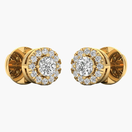 Gold earrings with diamond-like stones on a white background