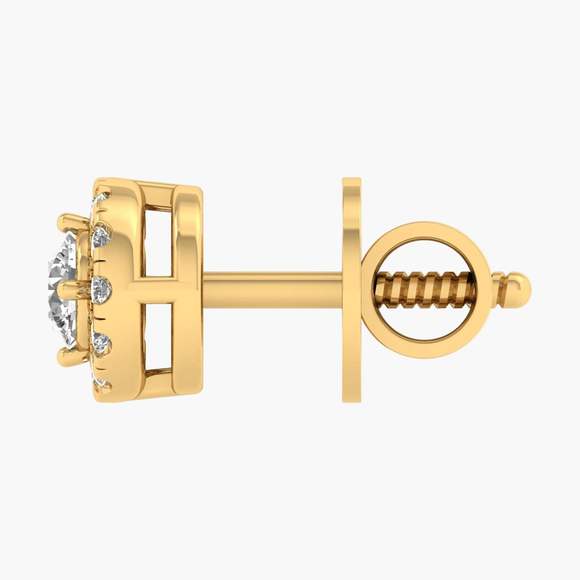 Gold earring with diamond-like stones on a white background