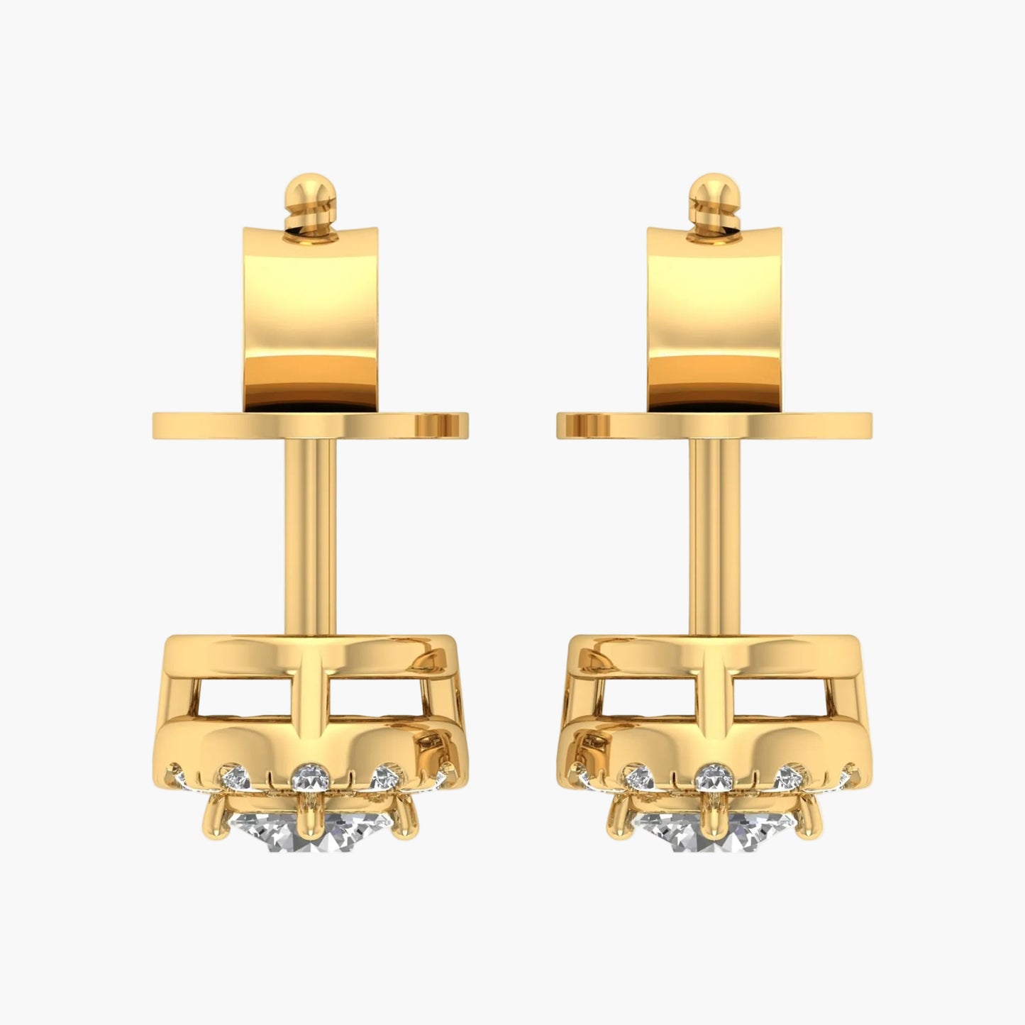 Gold earrings with small diamonds on a white background
