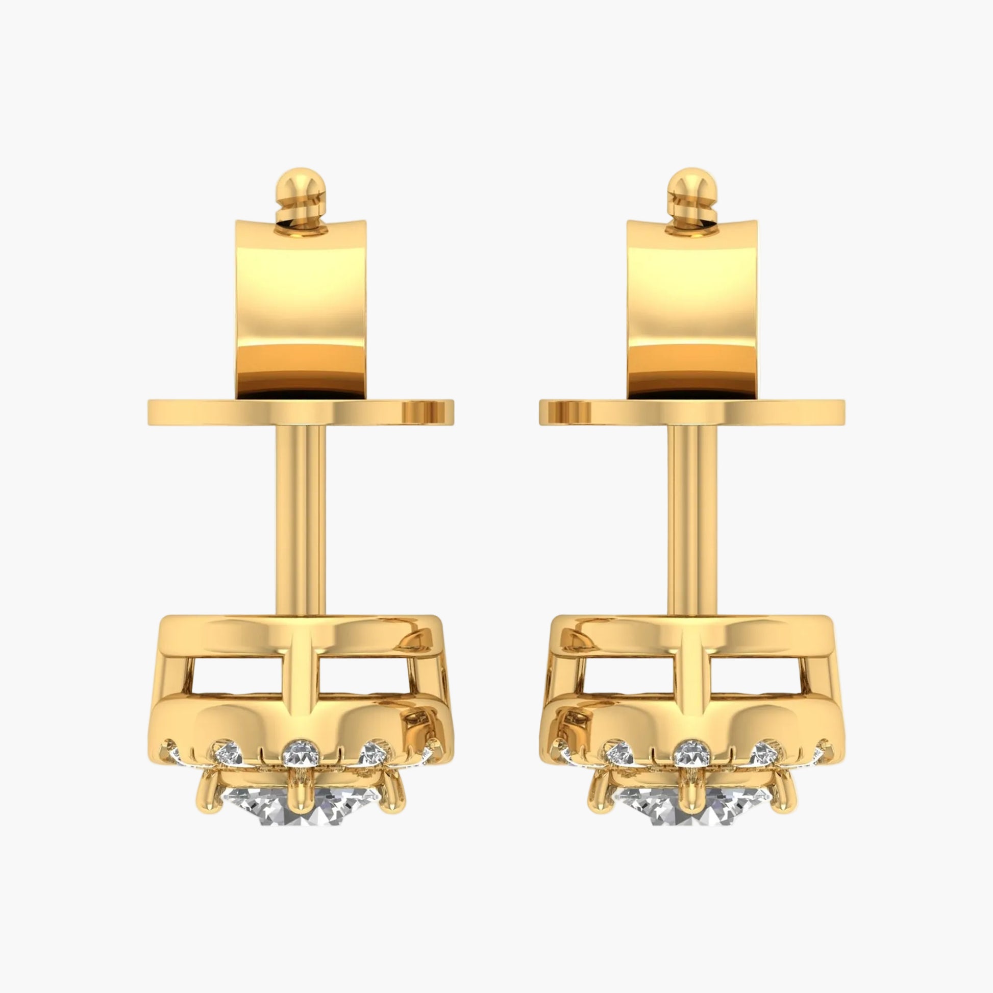 Gold earrings with small diamonds on a white background