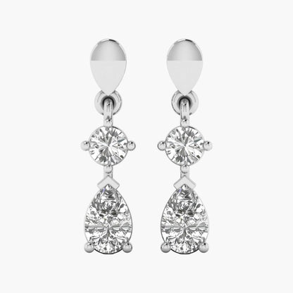 Pair of silver earrings with clear gemstones on a white background