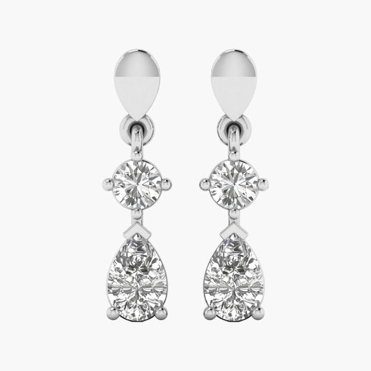 Pair of silver earrings with clear gemstones on a white background