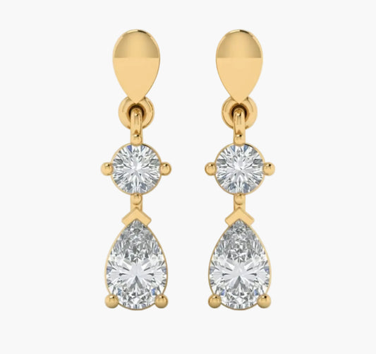Gold earrings with clear gemstones on a white background