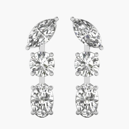 Pair of silver earrings with clear gemstones on a white background