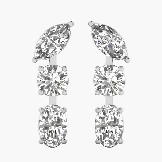 Pair of silver earrings with clear gemstones on a white background