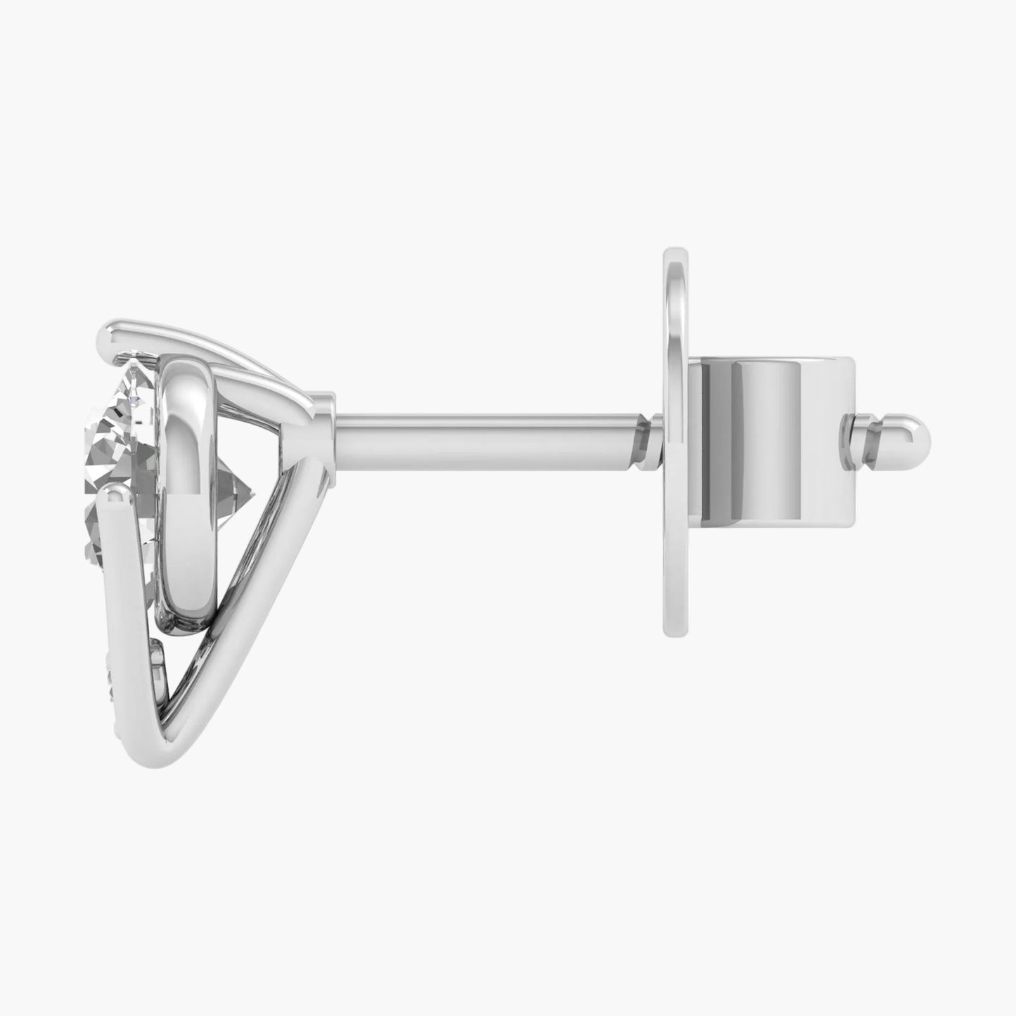 Silver earring with a clear gemstone on a white background