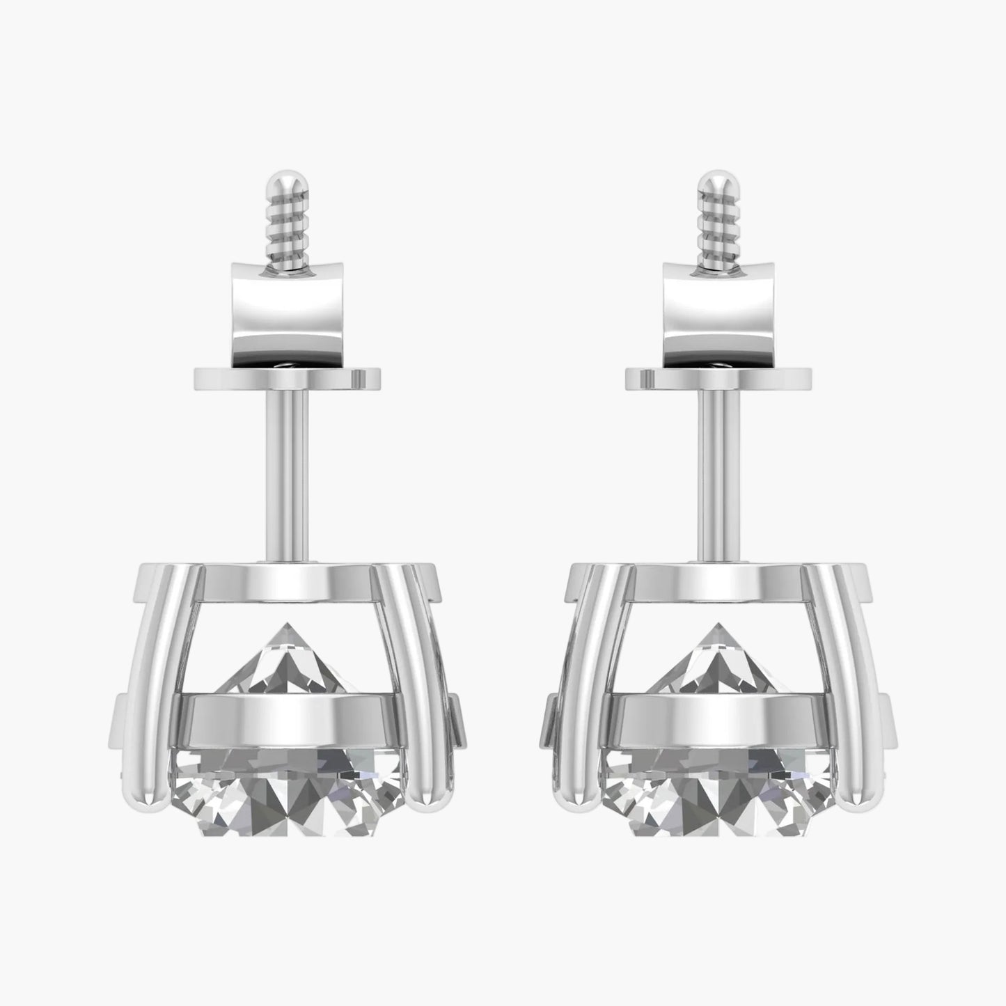 Pair of silver earrings with a clear gemstone on a white background