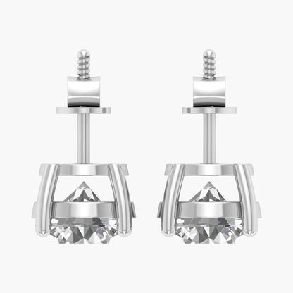 Pair of silver earrings with a clear gemstone on a white background