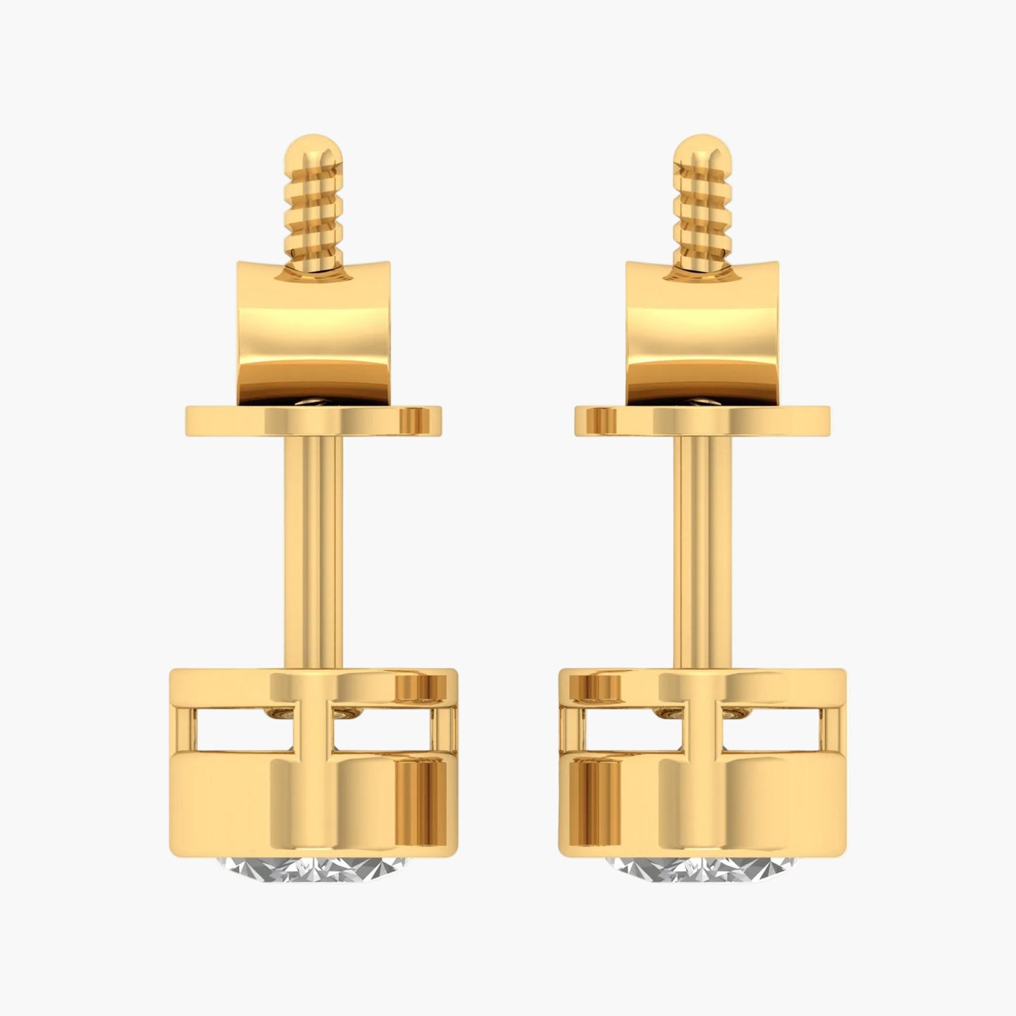 Gold earrings with a geometric design on a white background