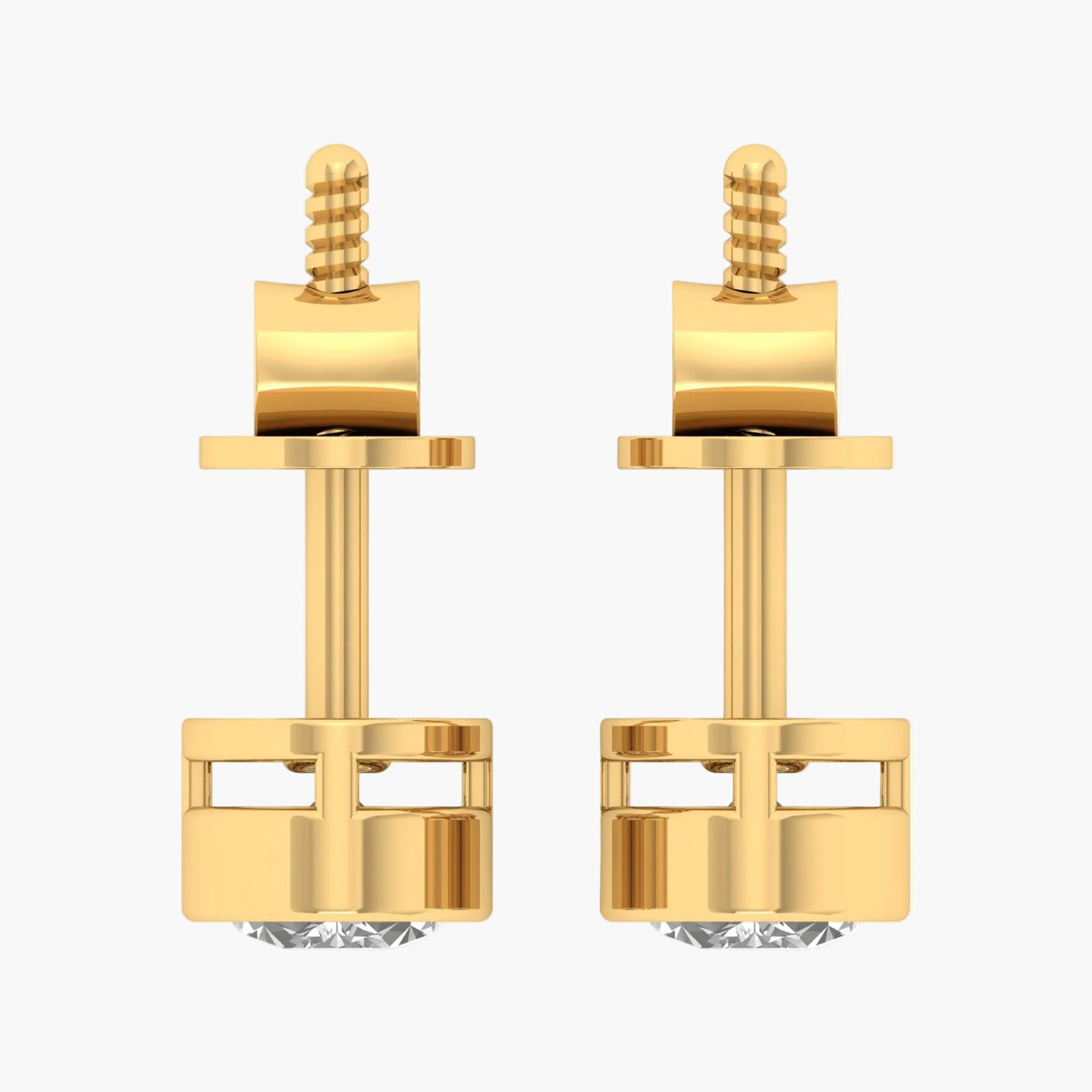 Gold earrings with a geometric design on a white background
