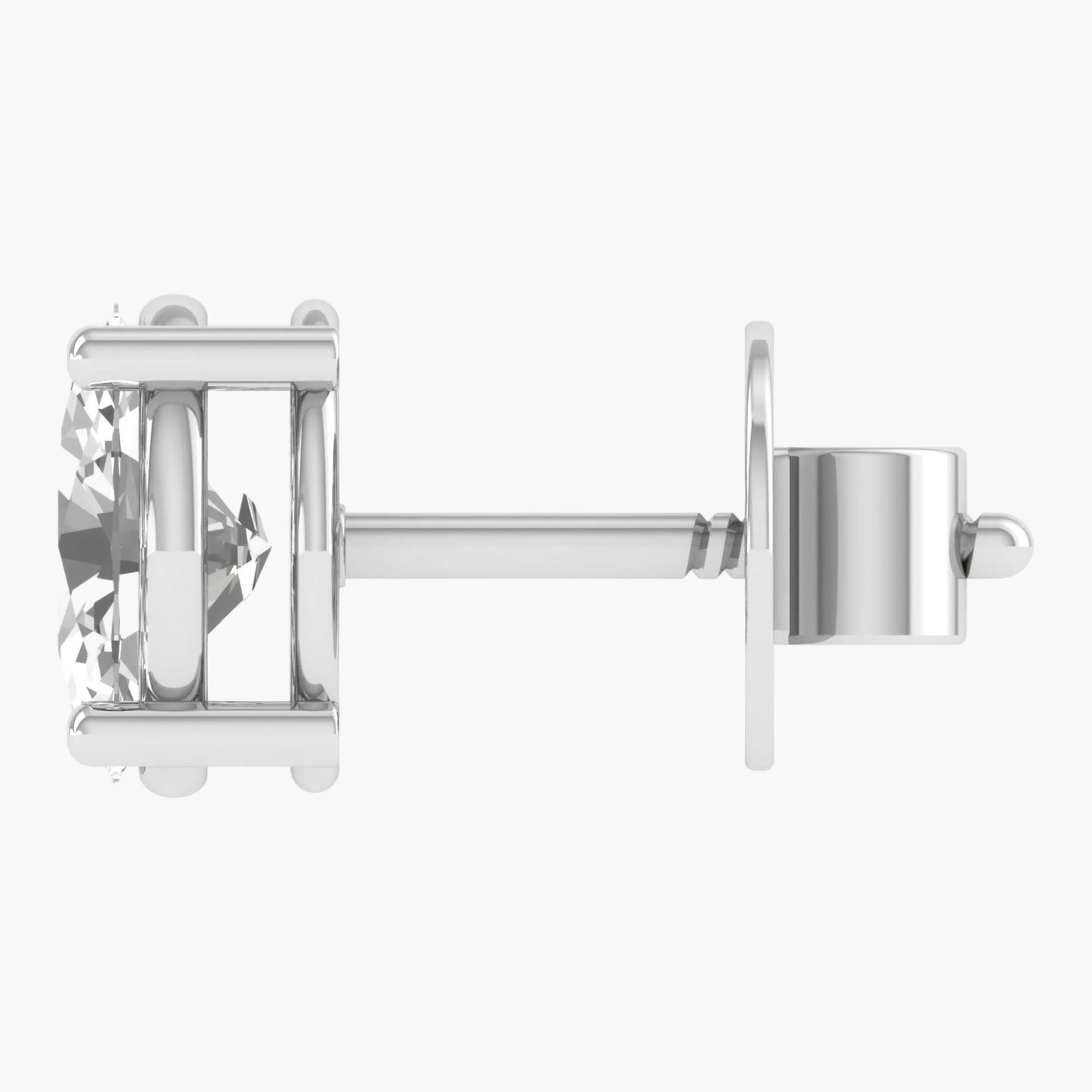 Silver earring with a clear gemstone on a white background