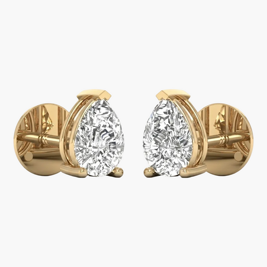 Gold earrings with pear-shaped diamonds on a white background