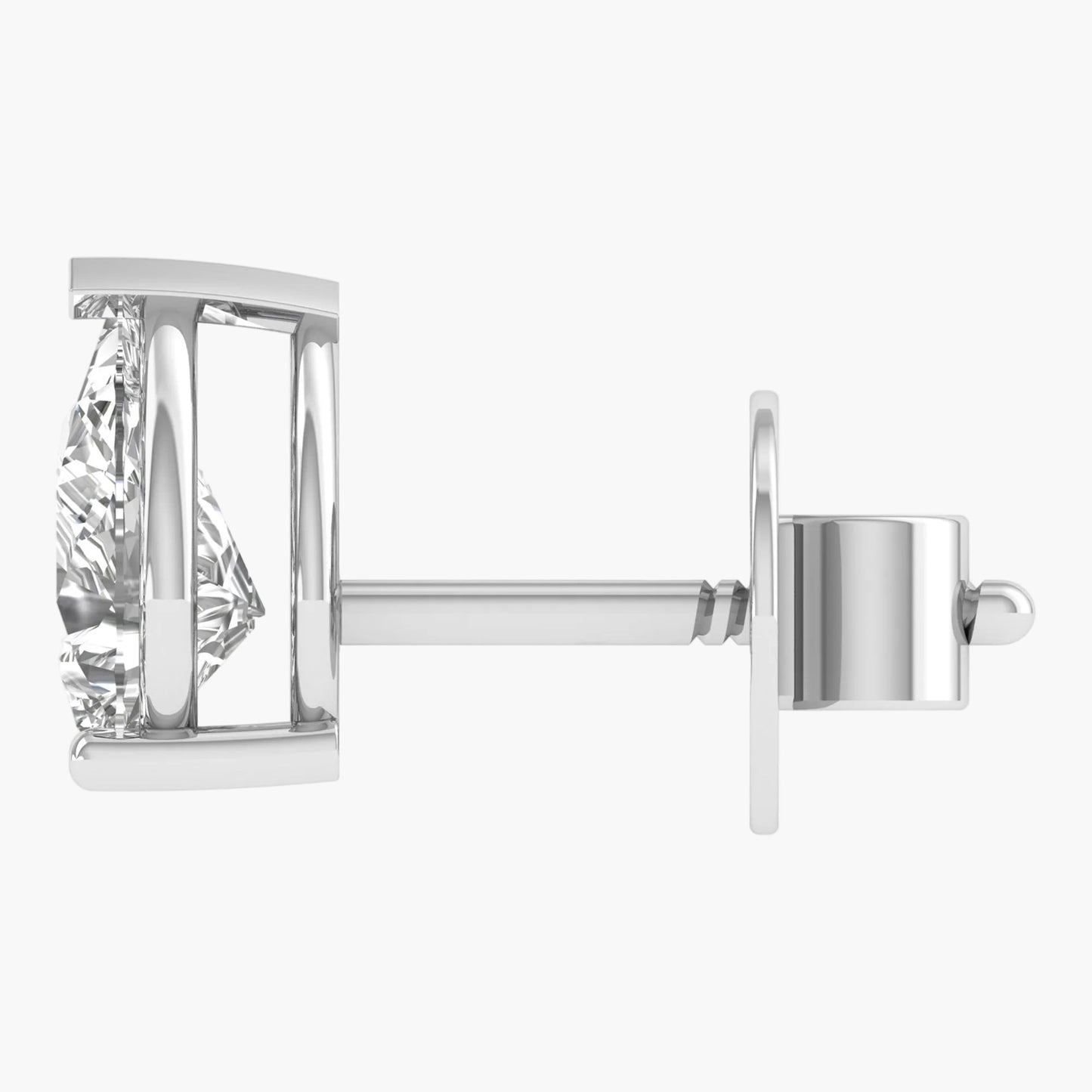 Silver earring with a clear gemstone on a white background