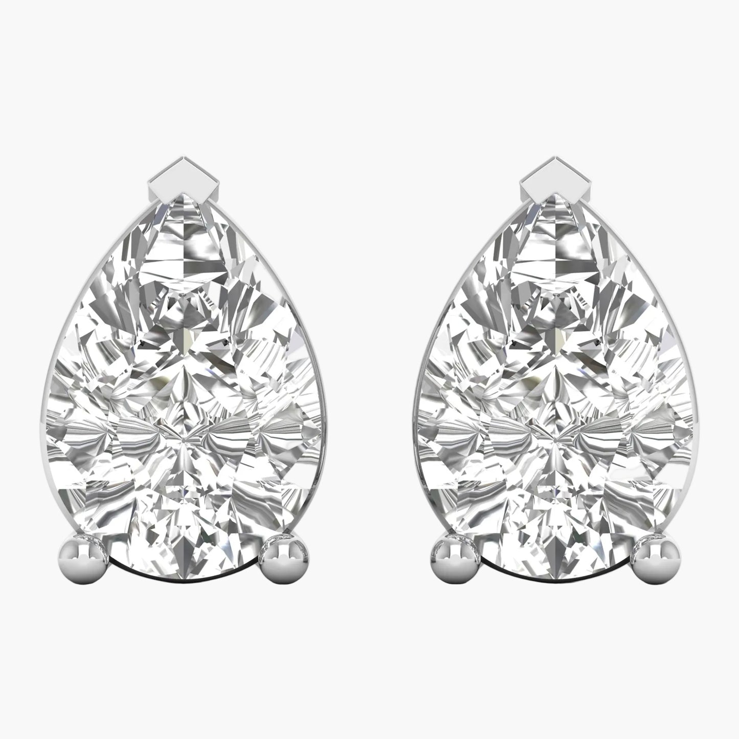 Pair of pear-shaped diamond earrings on a white background