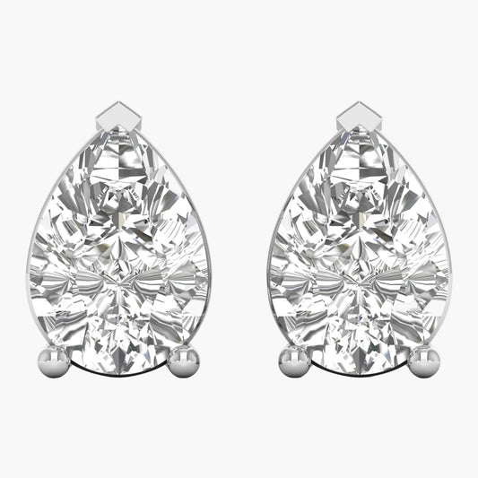 Pair of pear-shaped diamond earrings on a white background