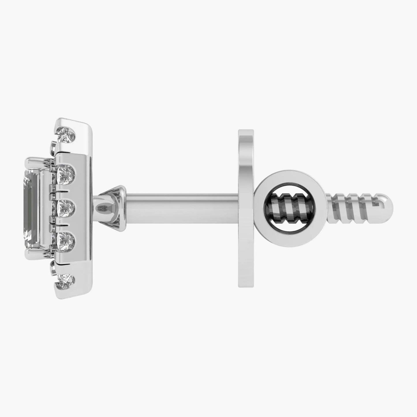 Close-up of a silver earring on a white background