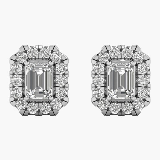 Pair of diamond earrings with emerald-cut center stones on a white background