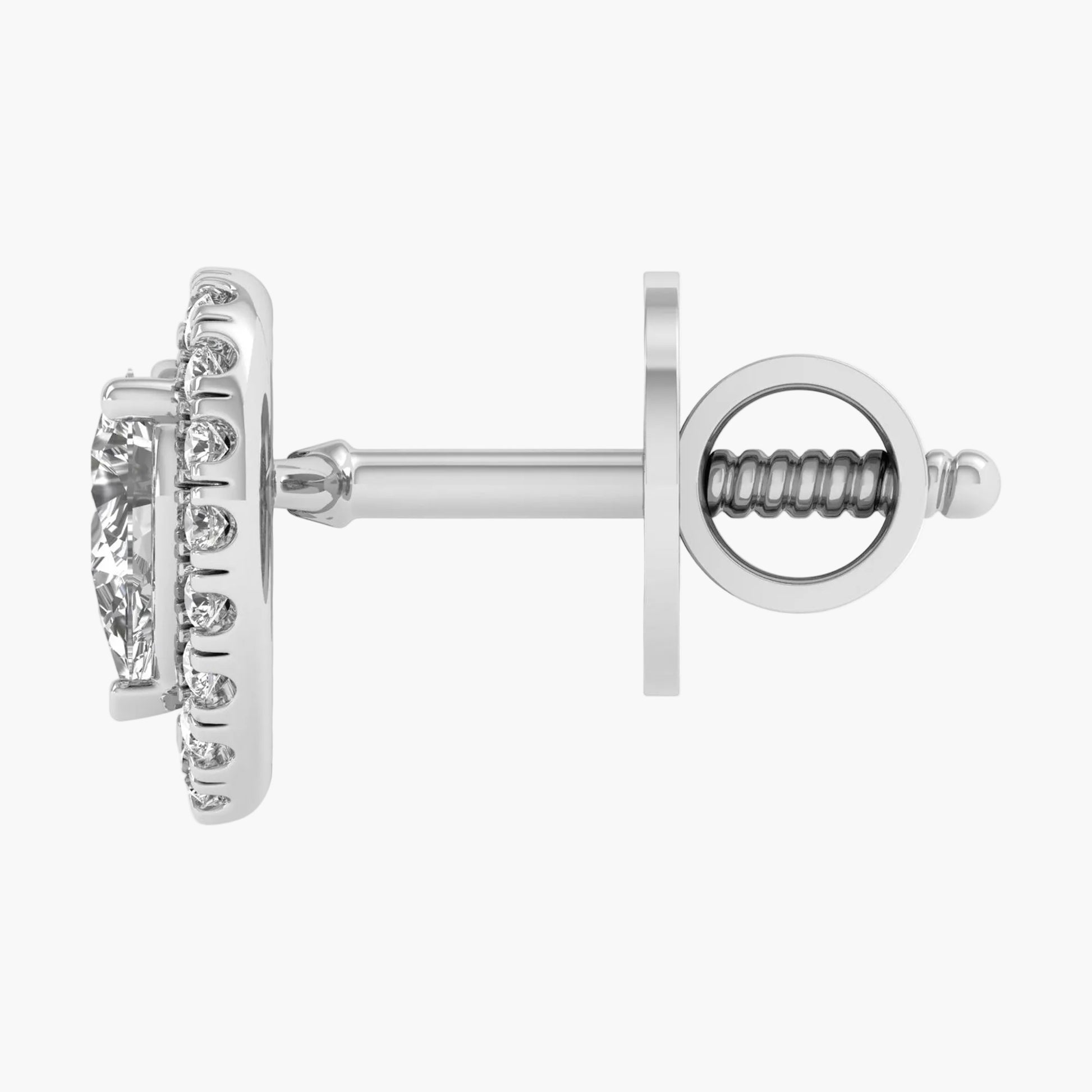 Silver earring with a clear gemstone on a white background