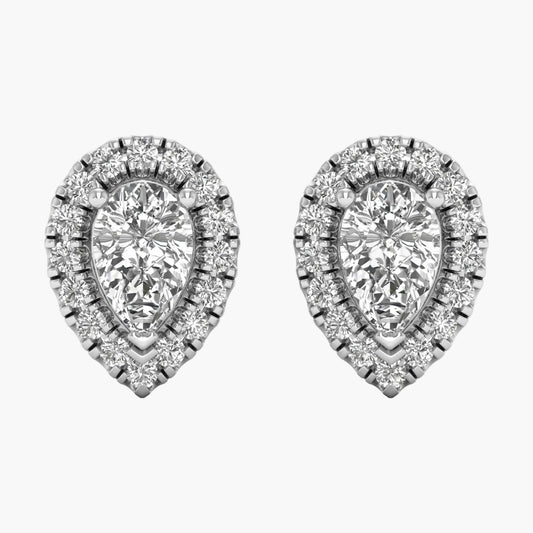 Pair of pear-shaped diamond earrings on a white background