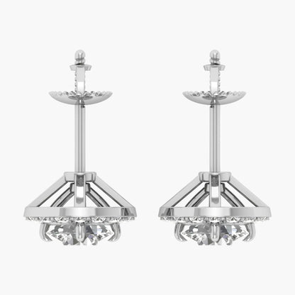 Pair of silver earrings with intricate designs on a white background