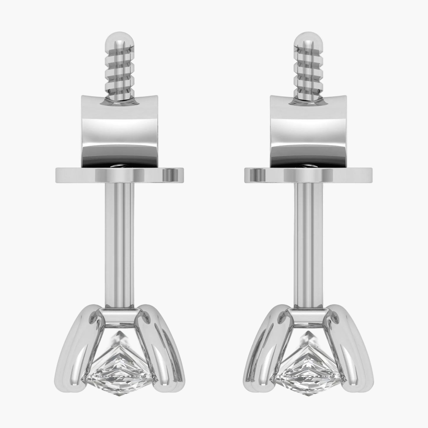Pair of silver earrings with diamond-like stones on a white background